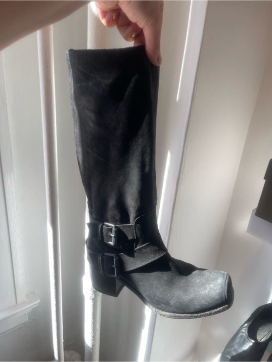 Shoes - Black Mid-Calf Leather Buckle Boots